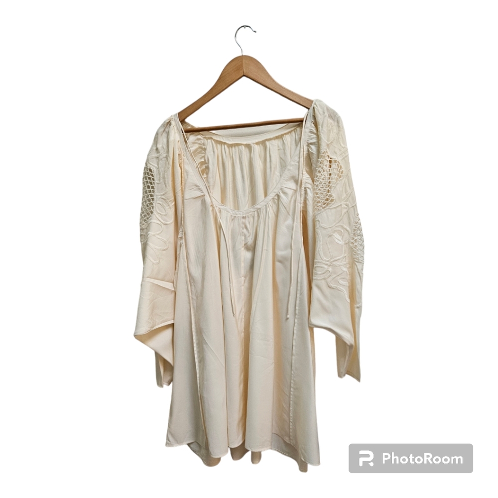 H&M Low Back Voluminous Embroidery Dress Balloon Sleeves Blogger Fave Cream L - Picture 6 of 16